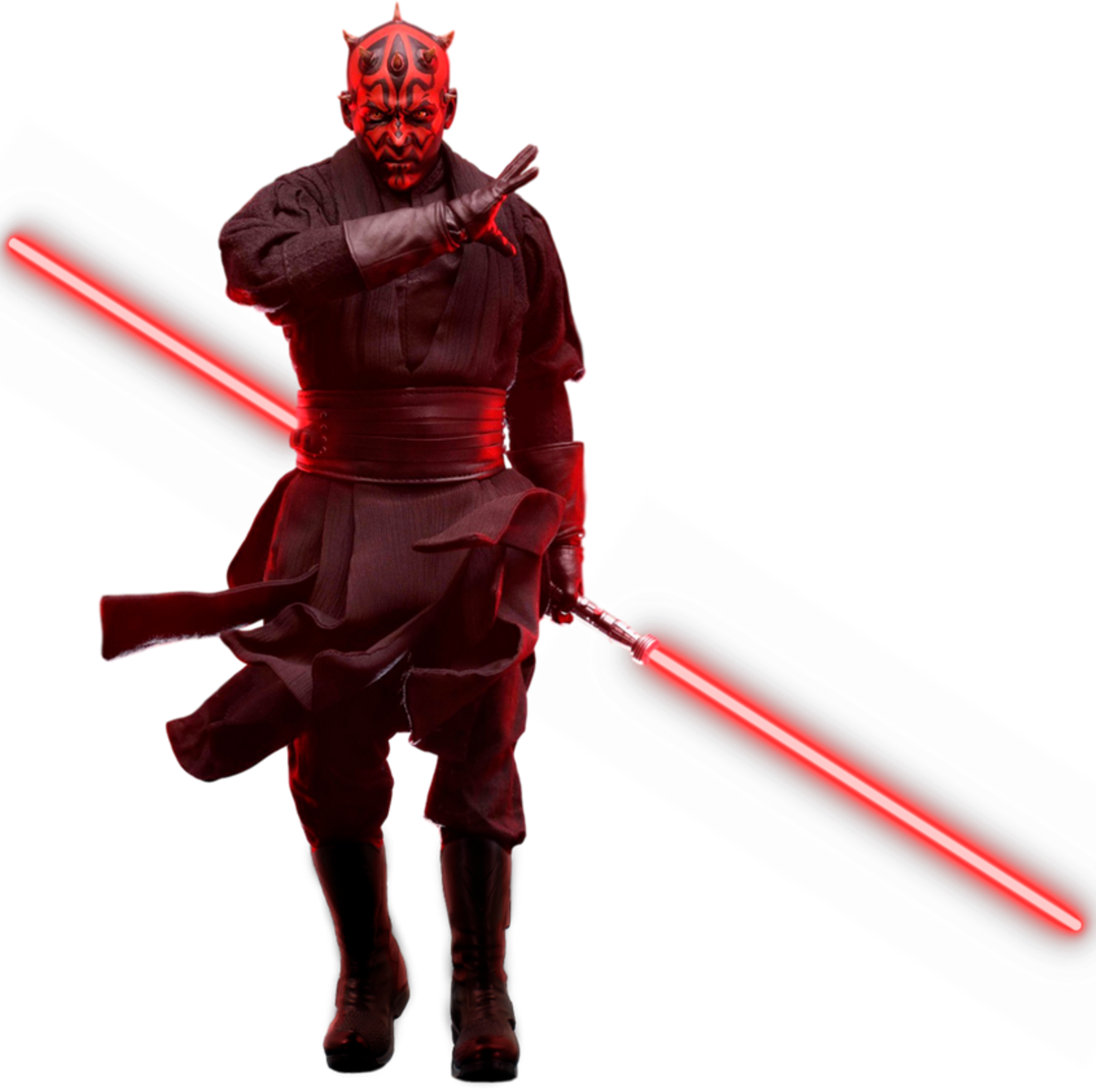 Personagem Darth Maul vestindo roupa escura avermelhada e segurando um sabre de luz vermelho